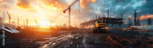 A vibrant construction site at sunset, featuring cranes and heavy machinery amidst a dramatic sky.