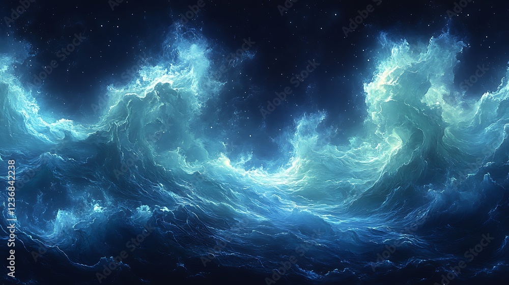 Fototapeta premium Celestial Ocean Waves Glowing Underneath A Starry Night