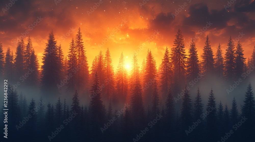 Fiery Sunset Over a Misty Pine Forest Fiery Sunset Over a Misty Pine Forest