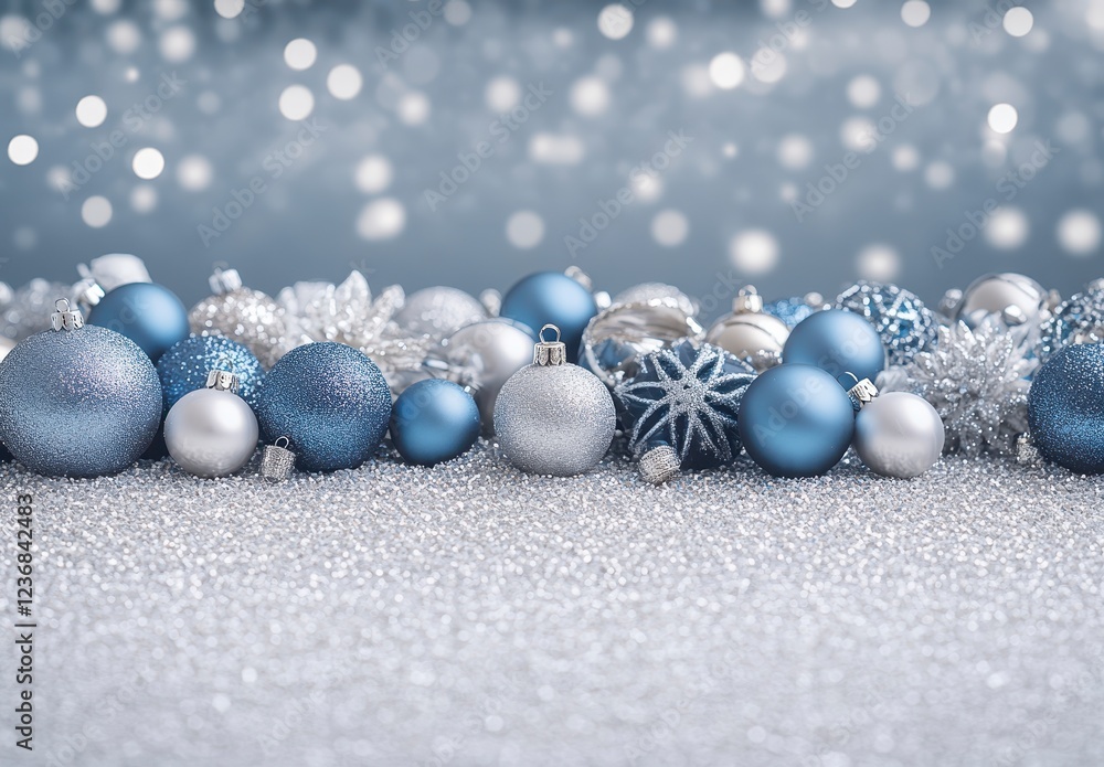Silver and blue Christmas ornaments arranged on a sparkly silver surface against a bokeh background. Festive holiday decoration Silver and blue Christmas ornaments arranged on a sparkly silver surface against a bokeh background. Festive holiday decoration