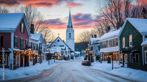 Snowy Village at Sunset: A Charming Winter Scene
