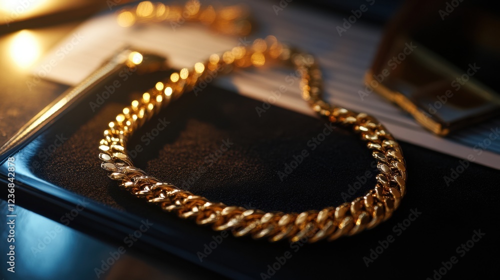 Fototapeta premium gold curb chain necklace on dark background