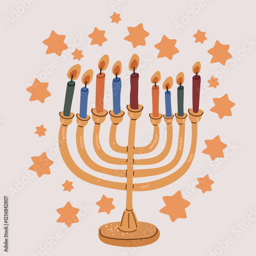 Cartoon vector illustration of a menorah with eight glowing candles, representing the festive celebration of Hanukkah