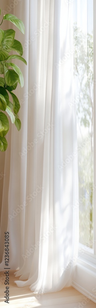 Morning light dances through flowing white curtains in a serene indoor setting enhancing a tranquil atmosphere Morning light dances through flowing white curtains in a serene indoor setting enhancing a tranquil atmosphere