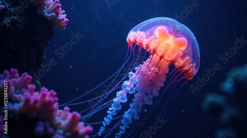 Mesmerizing underwater scene featuring a vibrant jellyfish gracefully floating amidst coral formations, illuminated by an ethereal glow