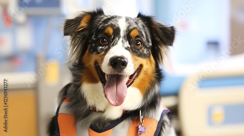 A cheerful therapy dog wearing a vest, ready to visit a hospital, showcasing the important role therapy animals photo