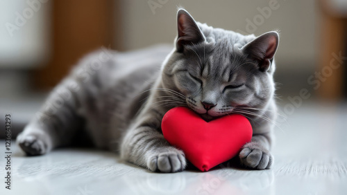 Greeting card with a cute British Shorthair cat hugging a red heart with her paws. Valentine's Day concept.