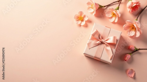 Wallpaper Mural A delicately wrapped gift box adorned with a peach-colored satin ribbon, surrounded by blossoms on a soft pastel background, evokes feelings of joy and celebration. Torontodigital.ca