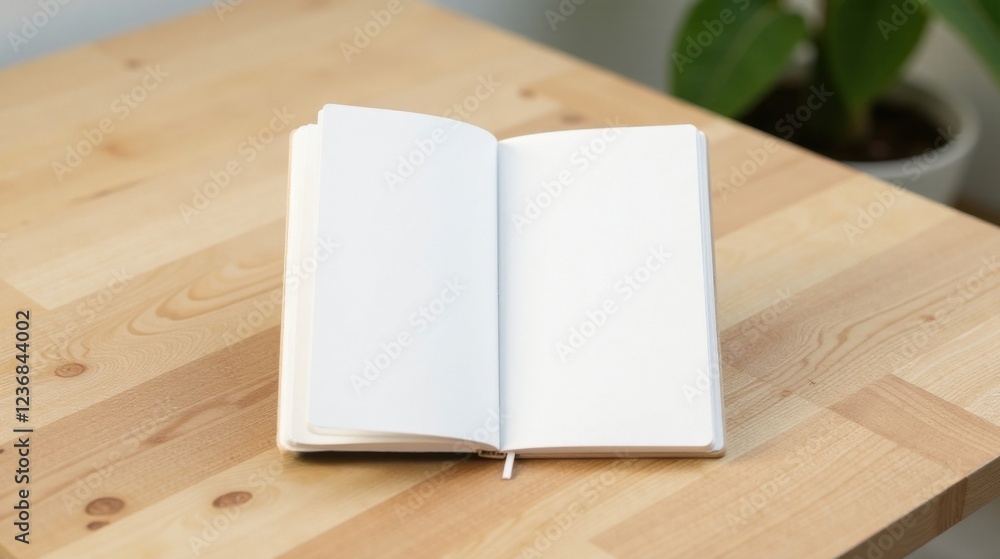 Fototapeta premium Blank Notebook Open on Light Wooden Tabletop, Ready for Ideas and Notes