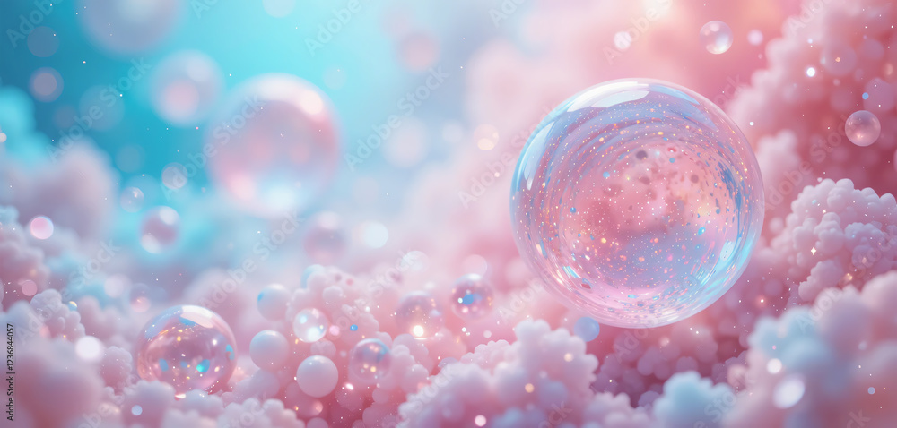Delicate, iridescent spheres in a dreamy pastel cloud. Delicate, iridescent spheres in a dreamy pastel cloud.