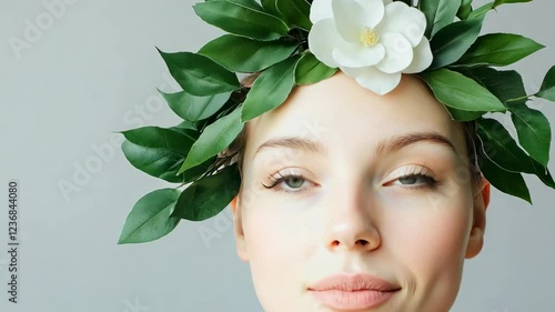 A close-up portrait of a young woman wearing a crown made of green leaves and a white flower, representing natural beauty, purity, and eco-consciousness.