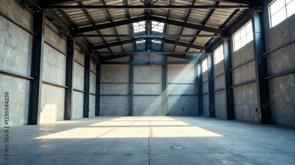 Vast Empty Industrial Building with Sunbeams Streaming Through High Windows and Skylights Vast Empty Industrial Building with Sunbeams Streaming Through High Windows and Skylights