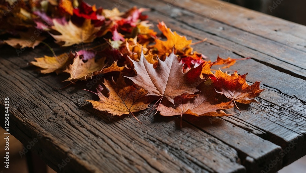 Obraz premium Colorful autumn leaves scattered on a rustic wooden table