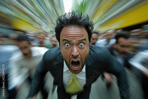 Businessman with a shocked expression in a busy urban setting with motion blur. Emotions and high-pressure business situations concept. photo