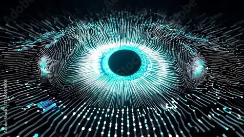 Futuristic digital eye composed of glowing data particles. Concept of artificial intelligence, cyber security, and machine vision technology.