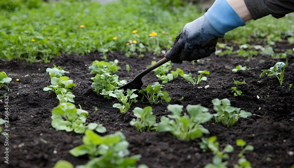 Fototapeta premium Gardener tending young plants in a garden bed
