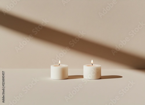 Three white candles isolated on a beige background, a minimalistic composition, a stock photo, a studio shot, natural lighting, high-resolution photography.  photo