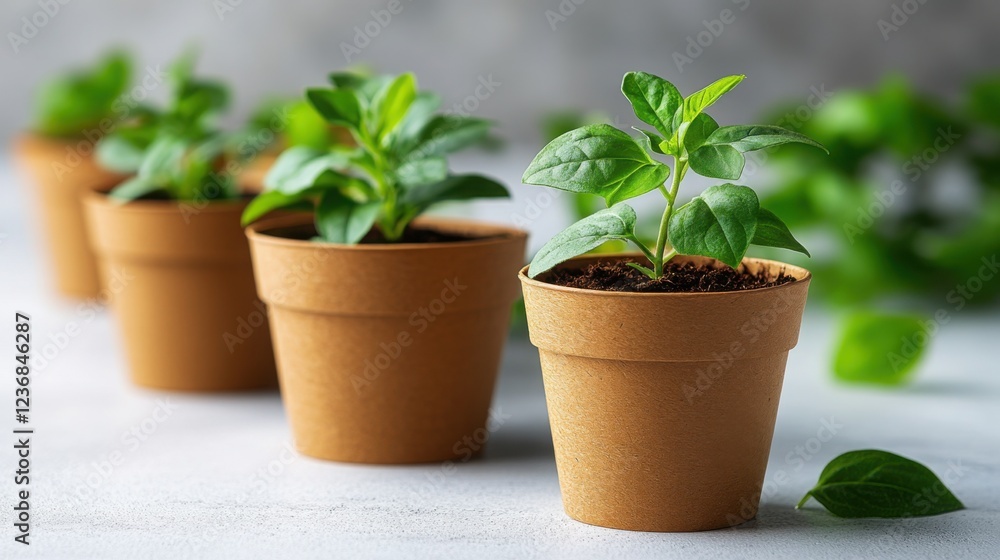 Fototapeta premium Young Green Plants in Brown Eco Friendly Pots Growing Seedlings Gardening Concept