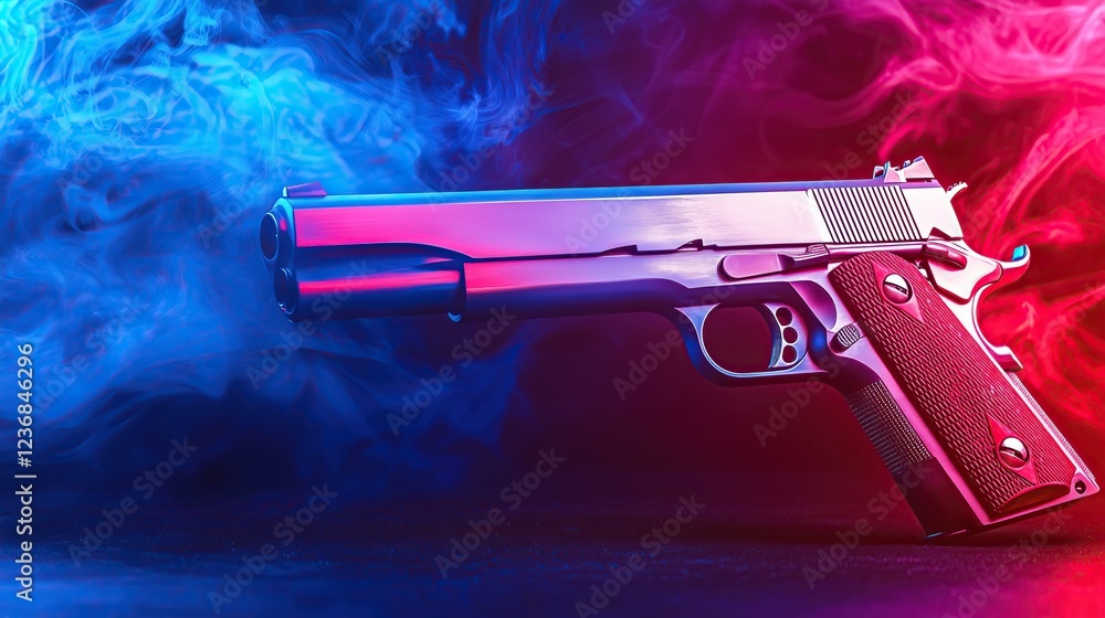 handgun rests amidst vibrant swirl of blue and red smoke dramatic and mysterious scene handgun rests amidst vibrant swirl of blue and red smoke dramatic and mysterious scene