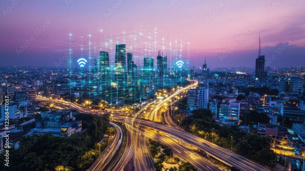 smart city at night with connected buildings and highways smart city at night with connected buildings and highways