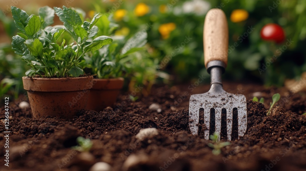 Gardening Tools and Seedlings in Rich Soil Spring Planting Preparation Gardening Tools and Seedlings in Rich Soil Spring Planting Preparation