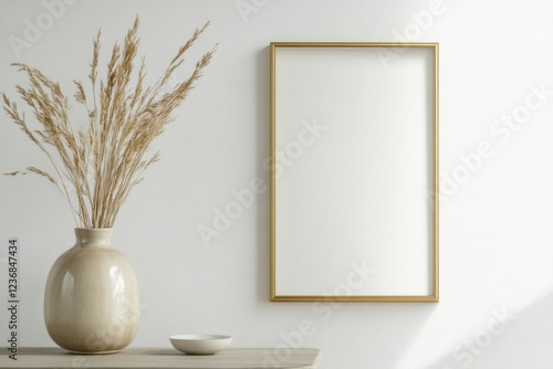 Elegant vertical frame adorned with a blank space, complemented by neutral decor and a serene atmosphere
