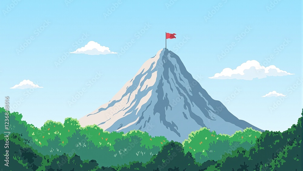 Obraz premium Majestic mountain peak with red flag above green forest surrounded by drifting clouds