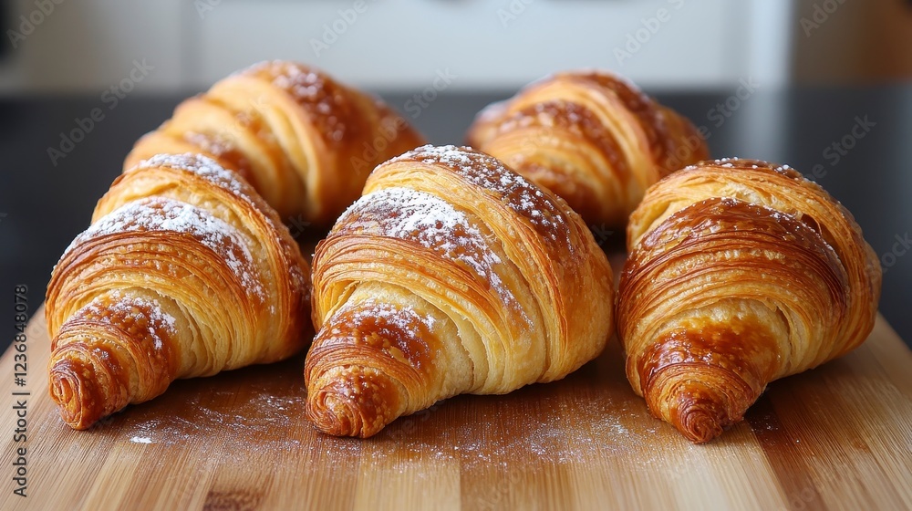 Freshly baked croissants arranged neatly on a wooden board, showcasing their flaky layers and golden-brown crust. Freshly baked croissants arranged neatly on a wooden board, showcasing their flaky layers and golden-brown crust.