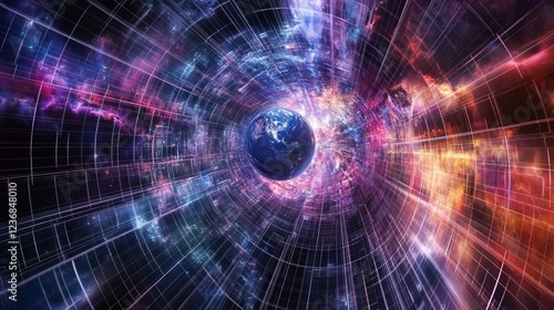 Captivating image of earth enveloped in a vibrant space time warp grid with cosmic details photo