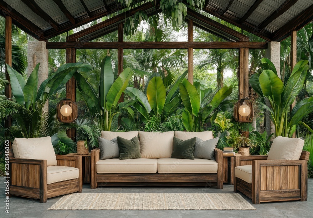 Beige sofa and armchairs arranged on a patio surrounded by lush tropical plants. A wooden pergola provides shade, and hanging lanterns offer warm Beige sofa and armchairs arranged on a patio surrounded by lush tropical plants. A wooden pergola provides shade, and hanging lanterns offer warm