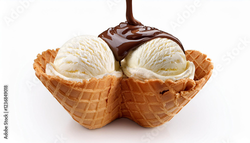 scoops vanilla ice cream pouring chocolate glaze in waffle cone bowl remoted on white background