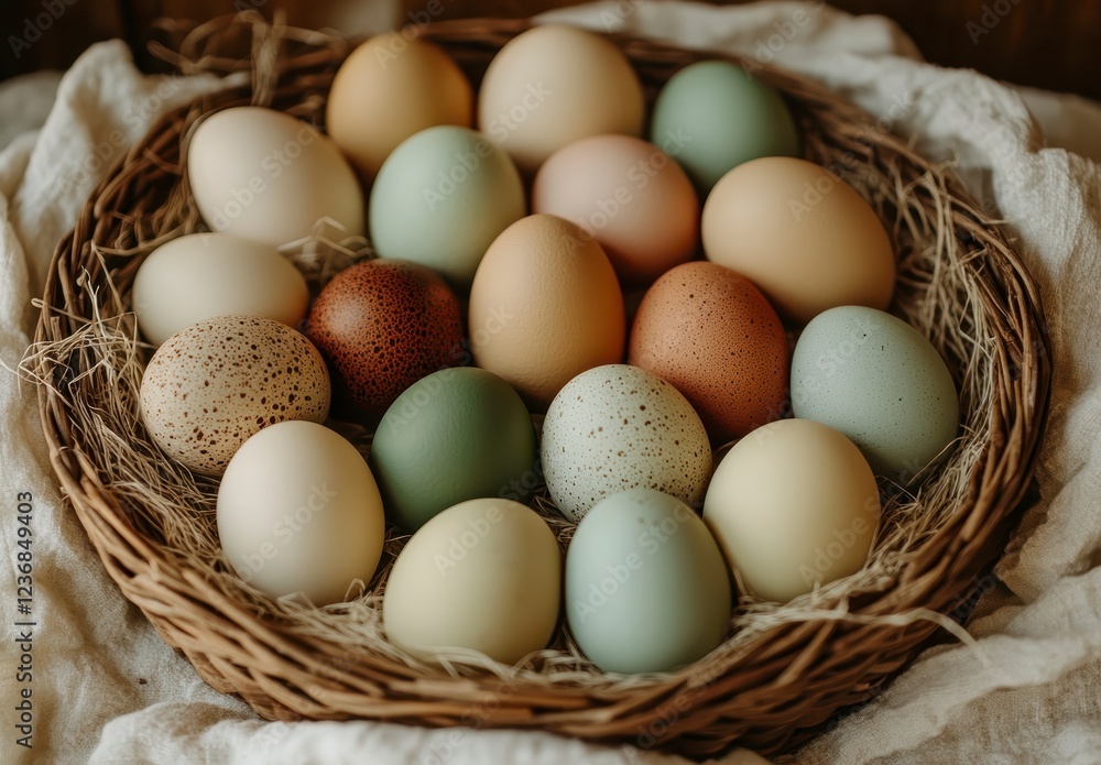 A rustic woven basket filled with a variety of colorful eggs, nestled on a soft white fabric. The eggs are speckled, pale, and muted in tone A rustic woven basket filled with a variety of colorful eggs, nestled on a soft white fabric. The eggs are speckled, pale, and muted in tone