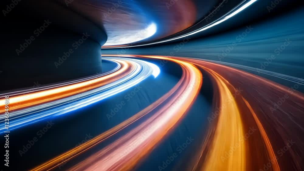 Bright light trails swirl in a tunnel at night showcasing fast-moving vehicles in an urban setting Bright light trails swirl in a tunnel at night showcasing fast-moving vehicles in an urban setting