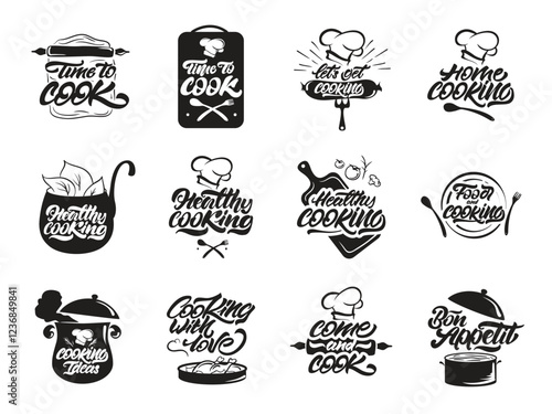 Cooking logos set. Healthy . Bon appetit. Cook, chef, kitchen utensils icon or logo. Handwritten lettering vector illustration