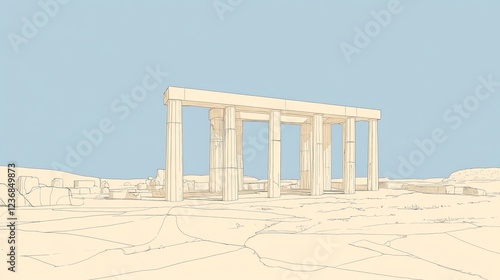 Minimalist line drawing of nitzana archaeological site featuring beige stone columns and ruins