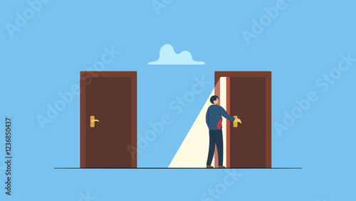 Businessman enters another door to new opportunity, Change job, career transition or move to new opportunity, employee turnover, resignation or leave company, new job, employment, recruitment concept.