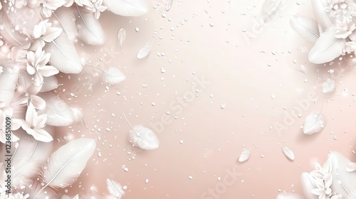 White floral design on a soft pink and beige background. Scattered glitter adds sparkle. 3D textured flowers create depth. Elegant and delicate