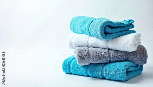 Stacked blue white and gray towels isolated on white