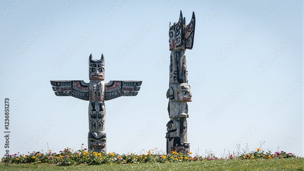 Obraz premium Contemporary totem pole with angular animal carvings in serene field with wildflowers
