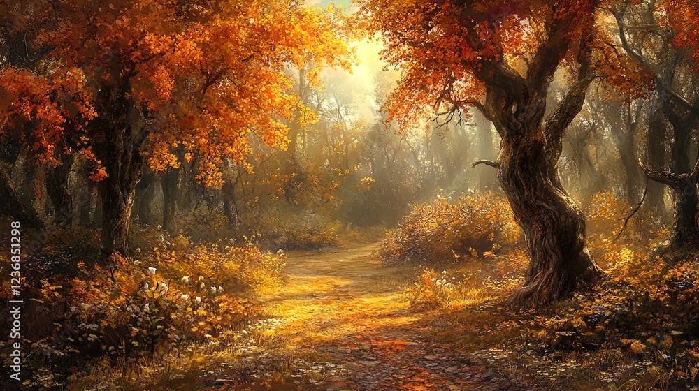 A serene autumn forest scene featuring tall, majestic trees with brilliant orange and red foliage, illuminated by soft, golden sunlight filtering through the branches. A winding path leads through the A serene autumn forest scene featuring tall, majestic trees with brilliant orange and red foliage, illuminated by soft, golden sunlight filtering through the branches. A winding path leads through the