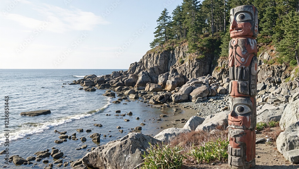 Obraz premium Unique totem pole on rocky shore geometric carvings in earth tones waves in background