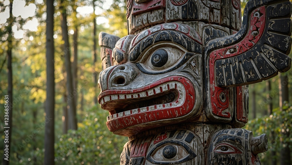 Obraz premium Wooden totem pole with salmon ravens red white paint in forest light