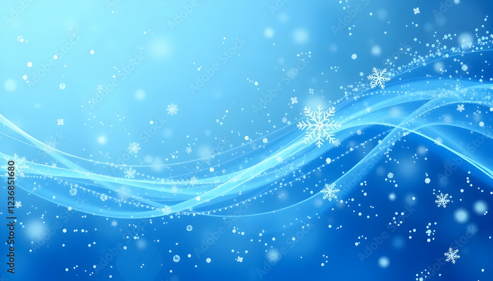 Abstract blue background, flowing wavy lines, glowing particles, sparkles, ethereal atmosphere, winter theme, digital art, shimmering effects, icy blue tones, dynamic swirls, magical snowflakes, light