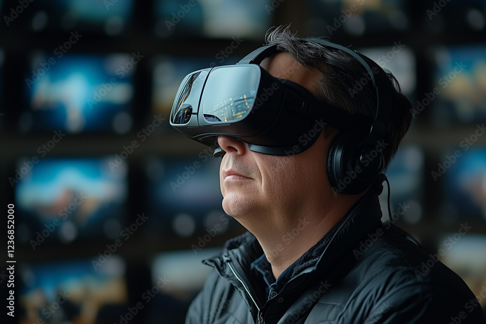 Man using virtual reality headset in a tech lab, technology demonstration, photography, background Man using virtual reality headset in a tech lab, technology demonstration, photography, background