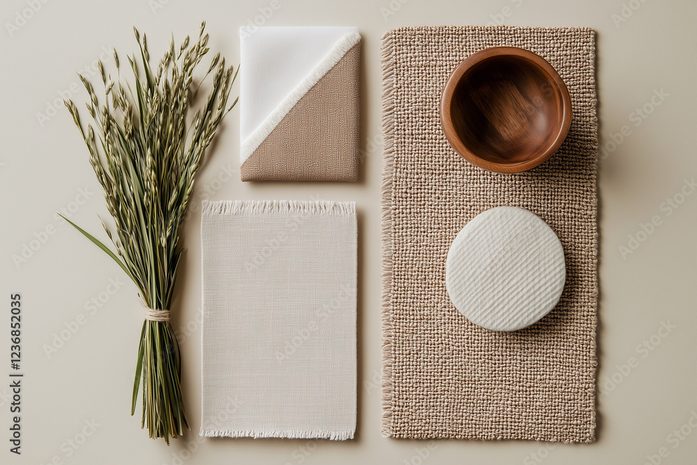 Variety of items, including a bowl, a piece of cloth, and a bunch of flowers Variety of items, including a bowl, a piece of cloth, and a bunch of flowers