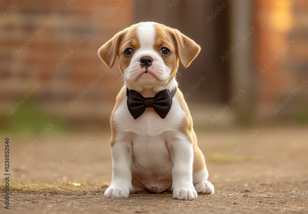 Adorable brown and white puppy wearing a black bow tie sits on a dirt ground against a blurred brown background. Soft lighting enhances the puppy's Adorable brown and white puppy wearing a black bow tie sits on a dirt ground against a blurred brown background. Soft lighting enhances the puppy's