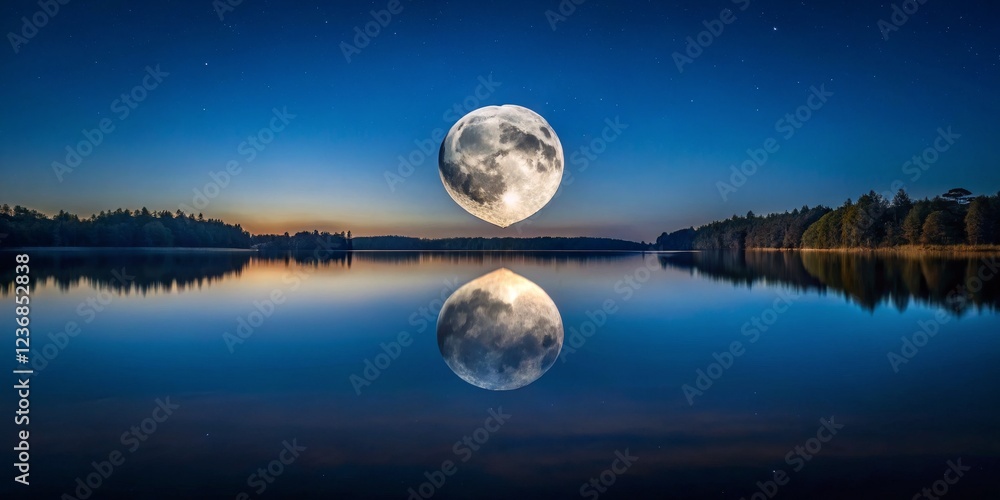 Stunning Full Moon Reflection Over Serene Lake at Dusk Stunning Full Moon Reflection Over Serene Lake at Dusk