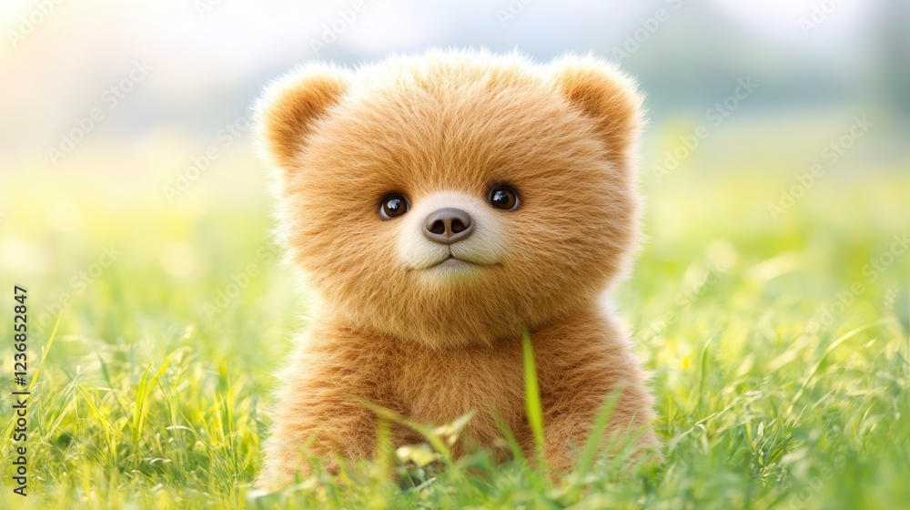 Adorable light brown teddy bear sitting in vibrant green grass, outdoors in soft sunlight. Close up view emphasizing the bear's soft fur and Adorable light brown teddy bear sitting in vibrant green grass, outdoors in soft sunlight. Close up view emphasizing the bear's soft fur and
