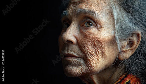 A close up portrait of an elderly woman gazing thoughtfully