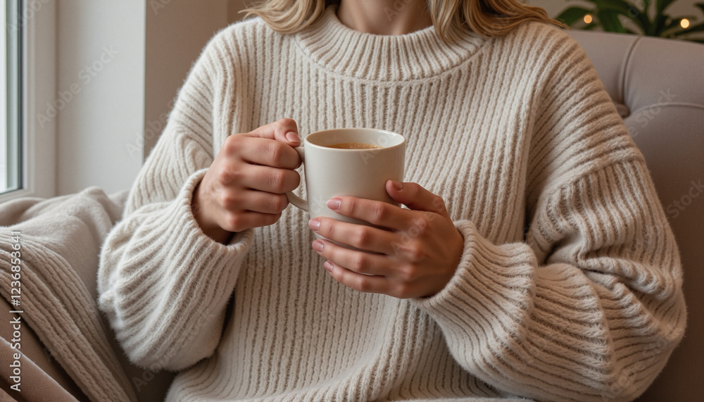 Cozy person in oversized chunky knit sweater holding warm tea by window with soft light Cozy person in oversized chunky knit sweater holding warm tea by window with soft light